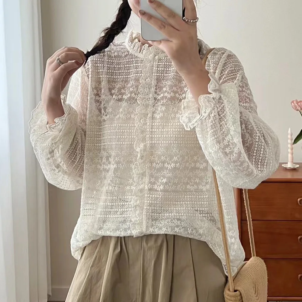 고품질 여성용 100% 면 레이스 블라우스 셔츠 데일리 싱글 레이스 속이 비치는 새틴 새 패션 셔츠 블라우스