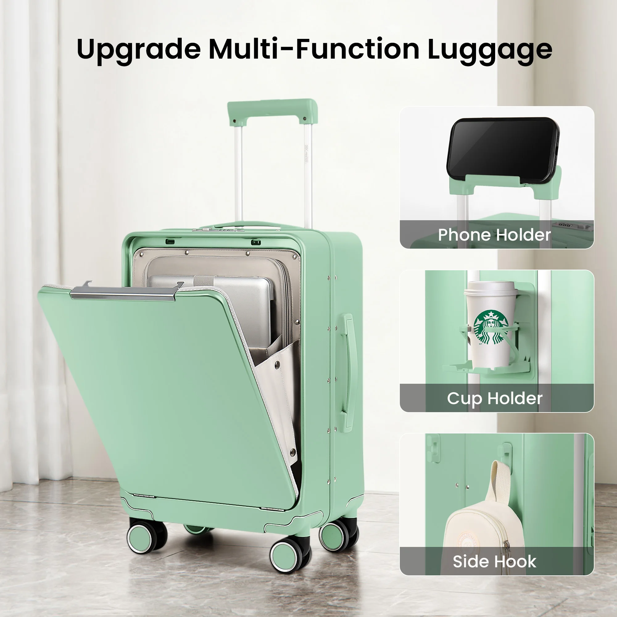 حقيبة سفر بإطار من الألومنيوم بفتحة أمامية وخفيفة الوزن مقاس 20 بوصة مع حامل أكواب وخطافات جانبية