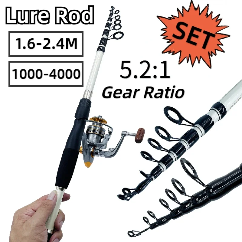

Carbon Lure Fishing Rod Reel Combo 1.6-2.4M Telescopic Baitcasting Pole and 1000-4000 Series Spinning Reel for Bass Pike Tackle