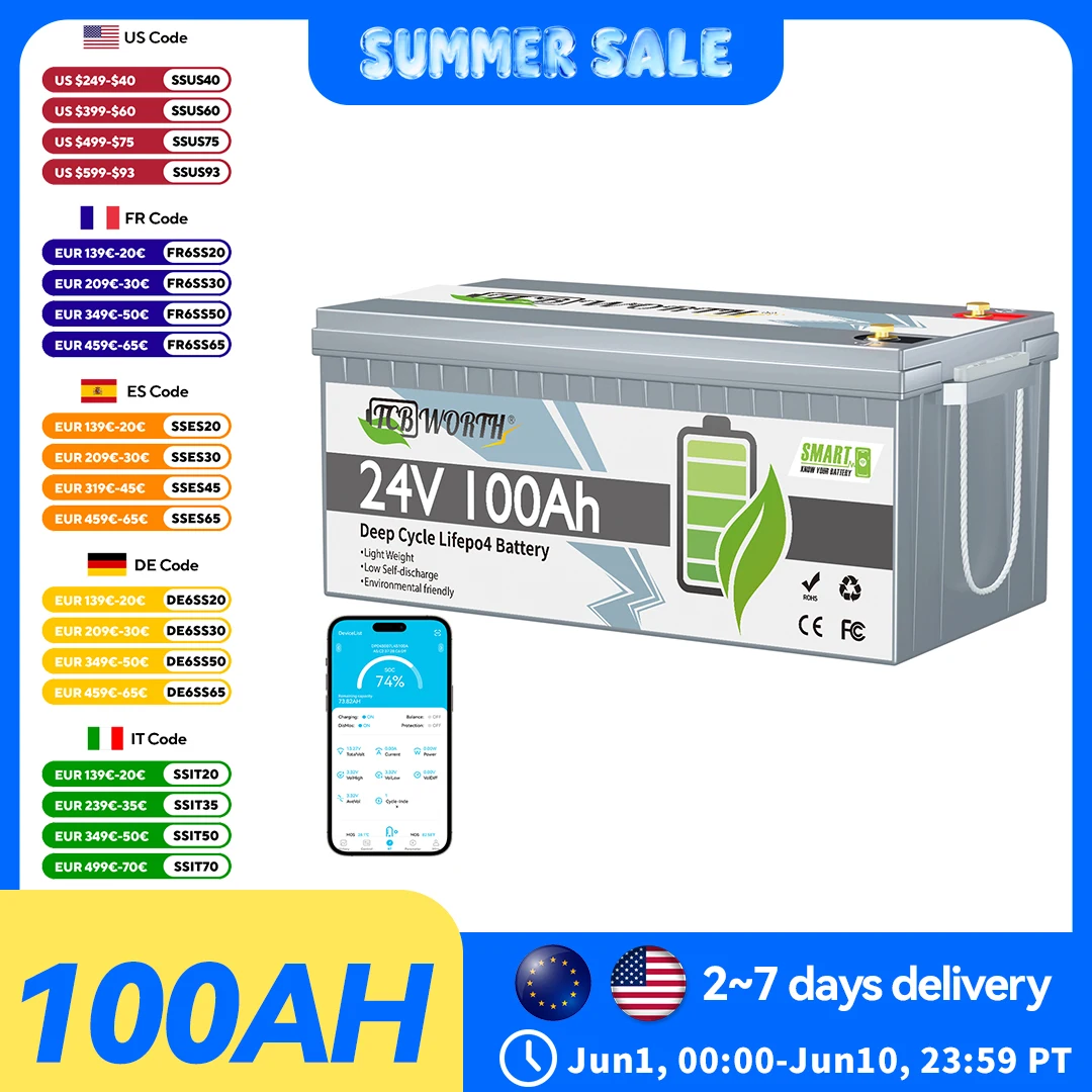 TCBWORTH 24V 100AH Bluetooth Lifepo4 Battery Built-in 100A BMS,7000+ Cycle,for Trolling Motors,Marine,Solar System Home Storage