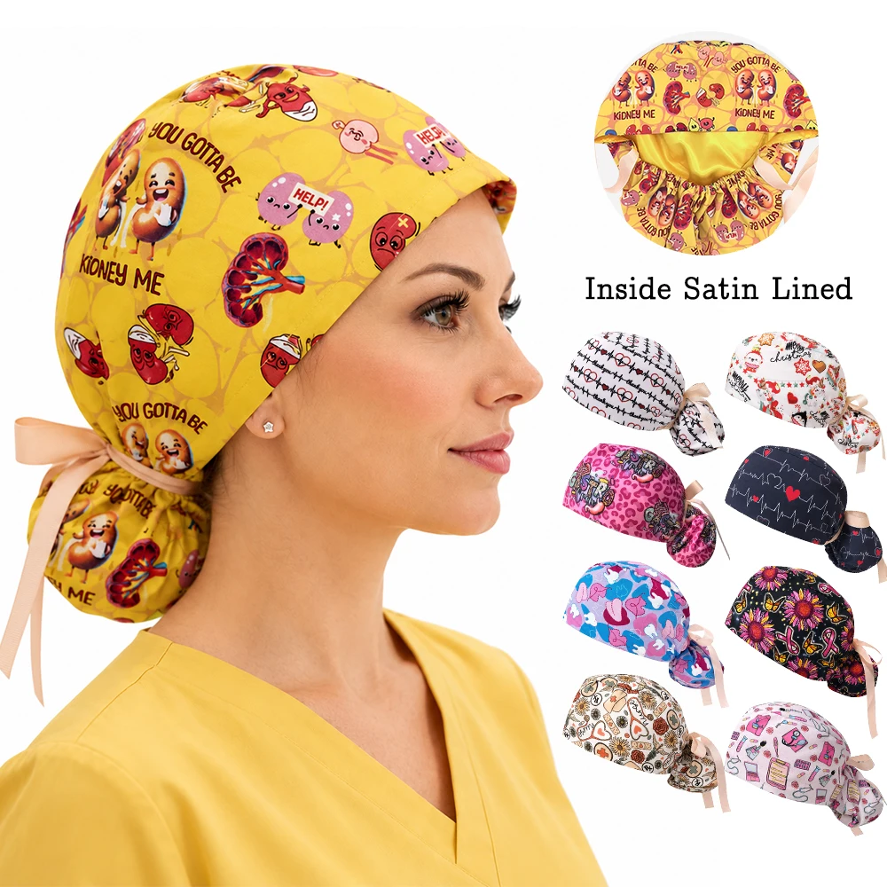 Fashion Printed Medical Women Caps Tooth Clinic Scrub Ponytail Hat Satin Lining Long Hair Breathable Nursing Cap C1183