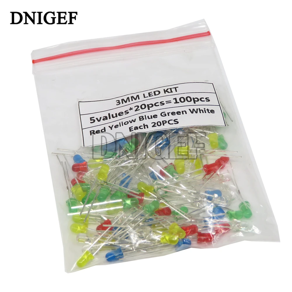 100PCS 3mm LED Diode Light Assorted Kit 5Colors*20PCS F3 White Yellow Red Green Blue Component DIY kit