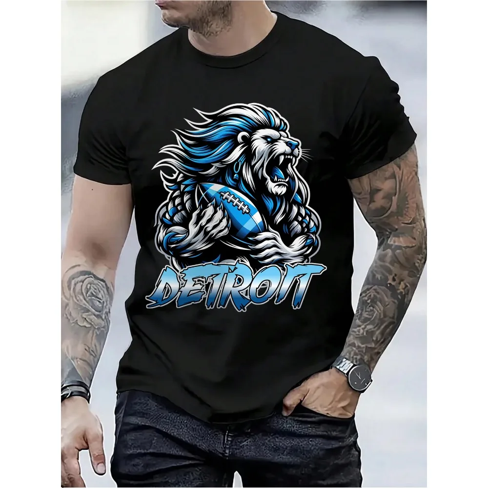 Camiseta con estampado de león de fútbol Detroit, camisetas para hombre, pantalón corto informal, camiseta de manga para verano, Color sólido, comodidad de algodón