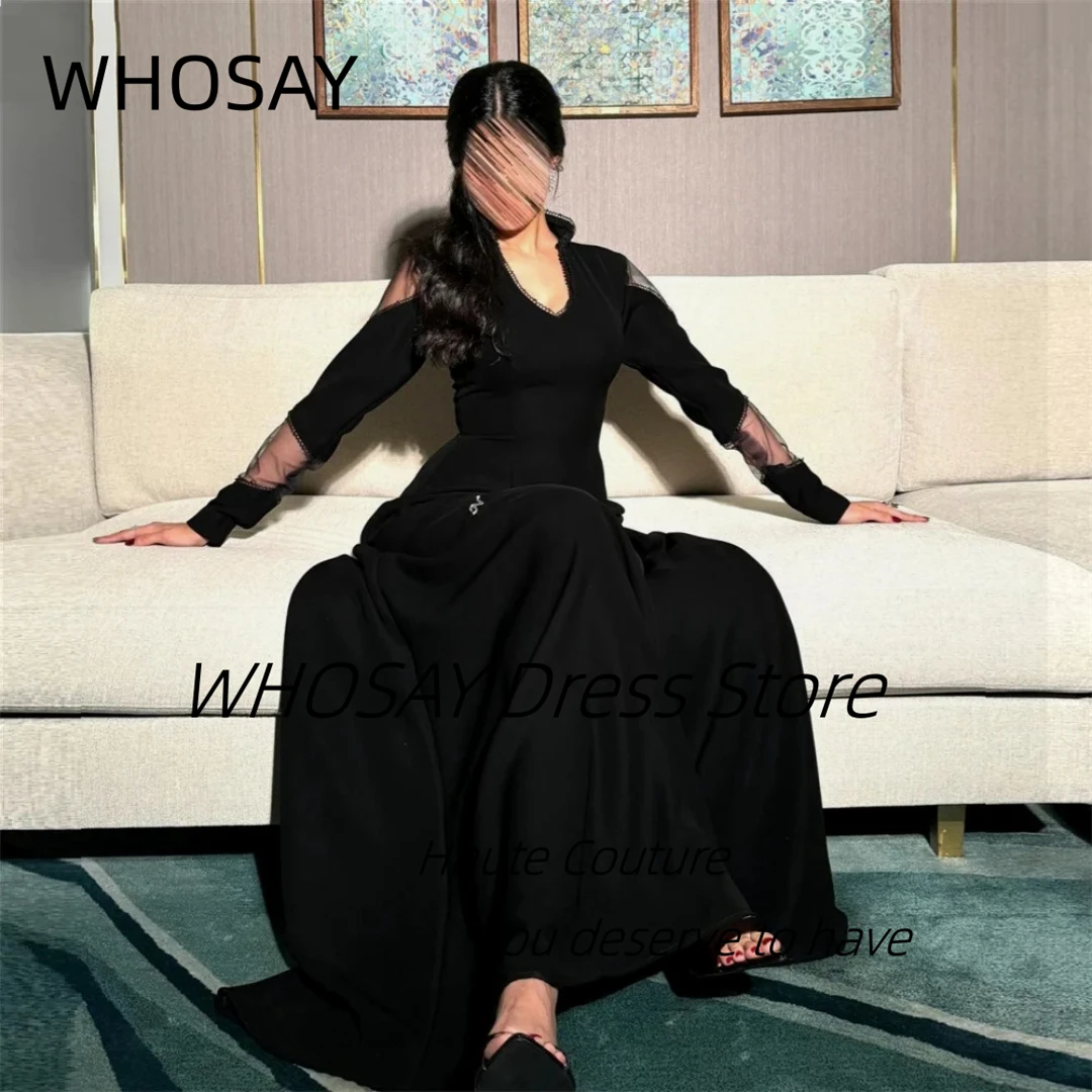 

WHOSAY Classical Black Satin Prom Dresses V Neck Modern Style Long Sleeves Evening Gowns Customized Zipper Back Robes De Soirée