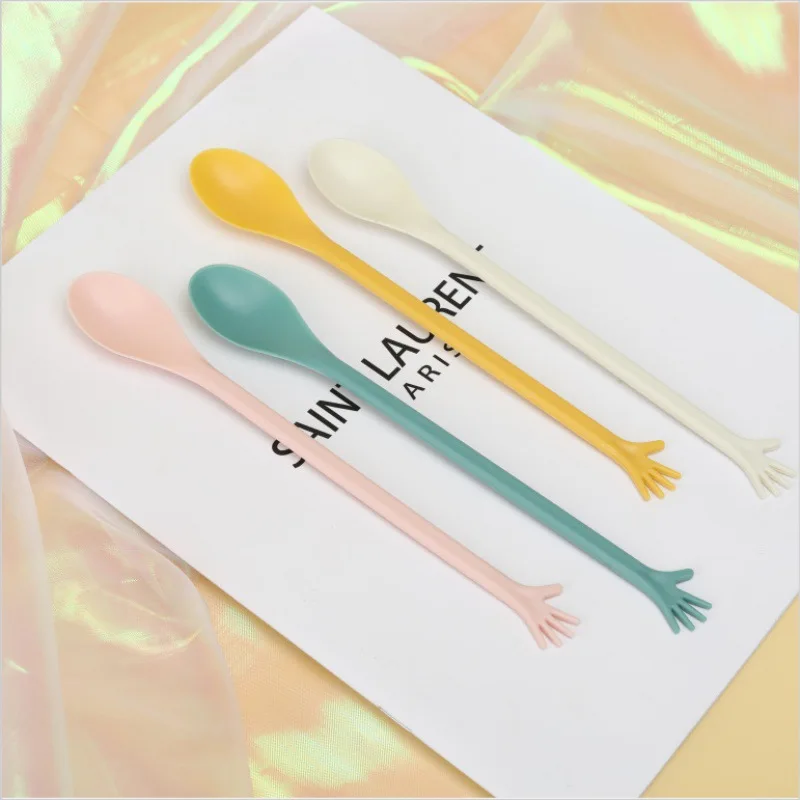 4pcs Plastic Long Handle Mixing Spoon Creative Hand-Shaped Tea Coffee Stirring Spoon Dessert Cake Teaspoon Kitchen Tableware