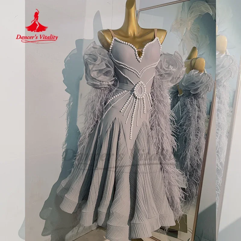 

Костюм для современного танца, высококачественное роскошное платье с открытой спиной и перьями, одежда для соревнований по бальным танцам для взрослых и детей