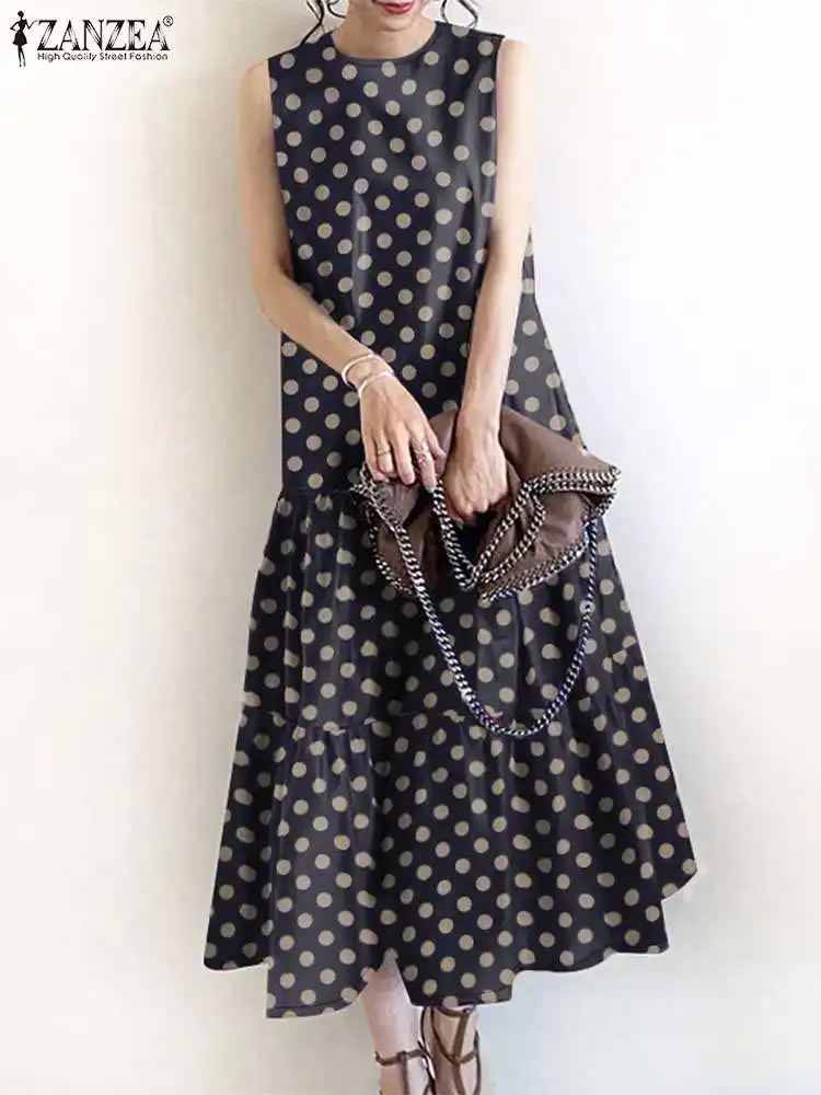 ZANZEA-Robe mi-longue imprimée à pois pour femmes, robe de vacances, bohème, vintage, fête, mode, volants, été, 2024