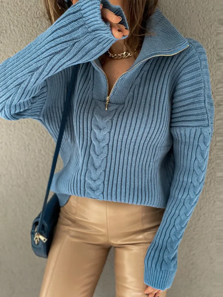 Women Clothes Fashion Tops 2023 Women Sweater Fried Dough Twist Lapel Loose Solid Color Knitted Zipper Pullover Sweater Women