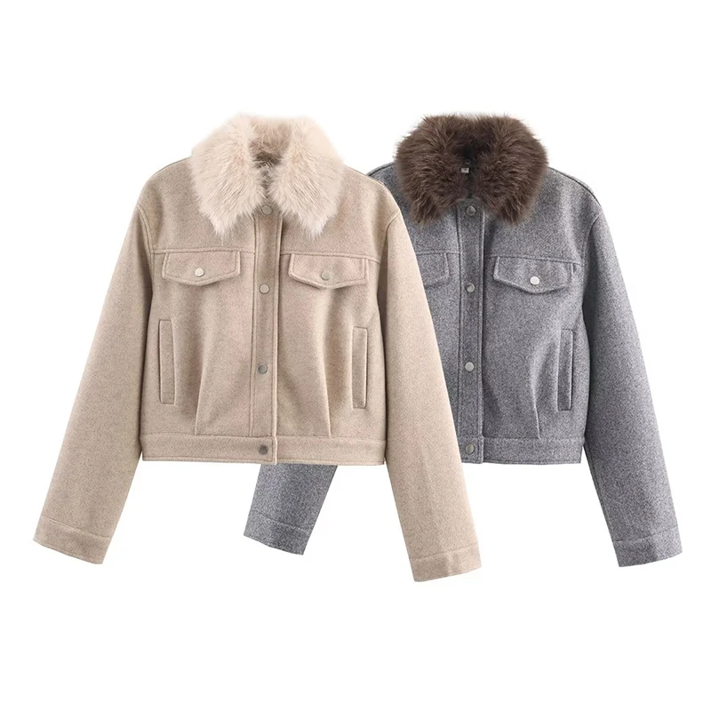Veste courte pour femme manteaux automne hiver mode col en fausse fourrure manteaux à manches longues Vintage vêtements de dessus pour femmes Chic hauts