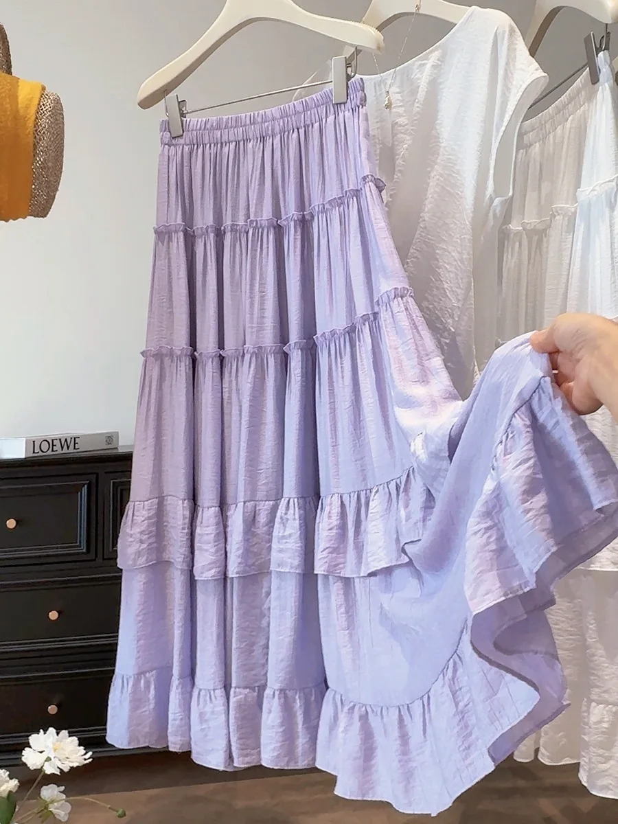 Harajuku Niche Purple Layered Ruffled A-line Skirt For Women High-waist Loose Flowy Umbrella Skirt Elegance Summer Vacation Wear
