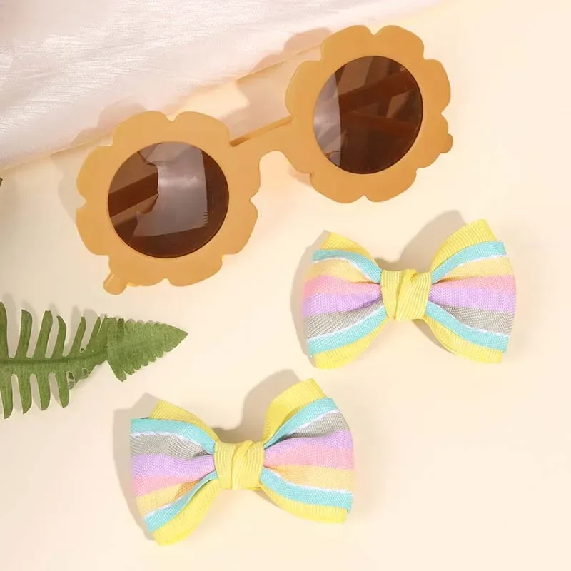 Oaoleer 3PCS Sunglasses Hair Bow Clip Set for Kids Girls Cute Color Stripes Bow Hairpins Headwear Sun Glasses Hair Accessories