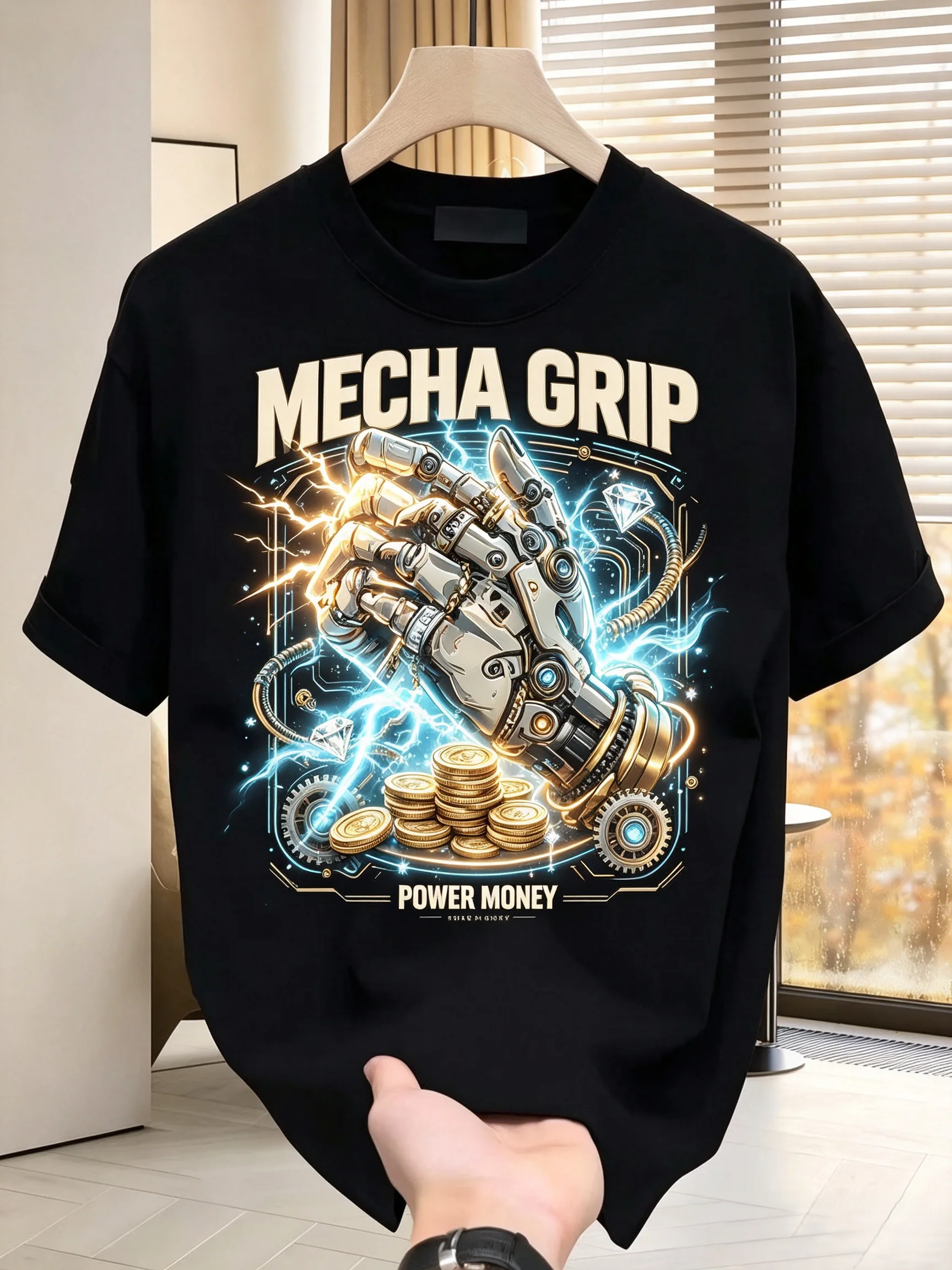 Unisex MECHA GRIP Mechanical Robot Hand Lightning Gold Coins Cyberpunk Graphic T Shirt Men Women Power Money Tech Streetwear Short Sleeve Black Casual Tee