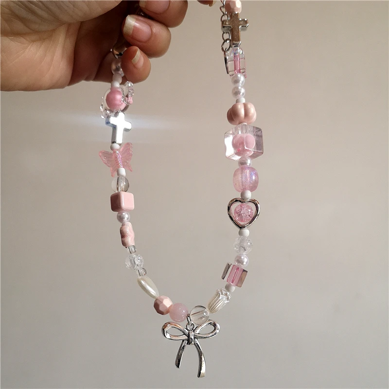 Kpop Goth Y2K Cute Pink Ribbon Bowknot Heart Pendant Pearl Beads Choker Necklace Girl Charm EMO 2000s Lolita Jewelry Accessories