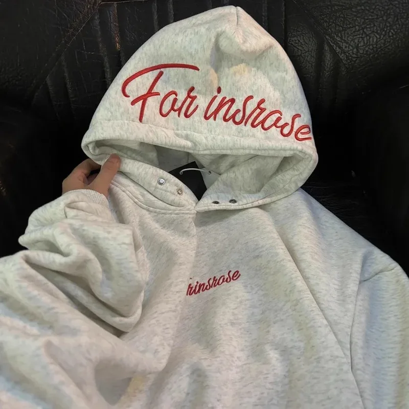 Letter Embroidery High Quality Button Hoodie Sweatshirt Men And Women Y2k American Retro New Trend Loose Oversize Streewear