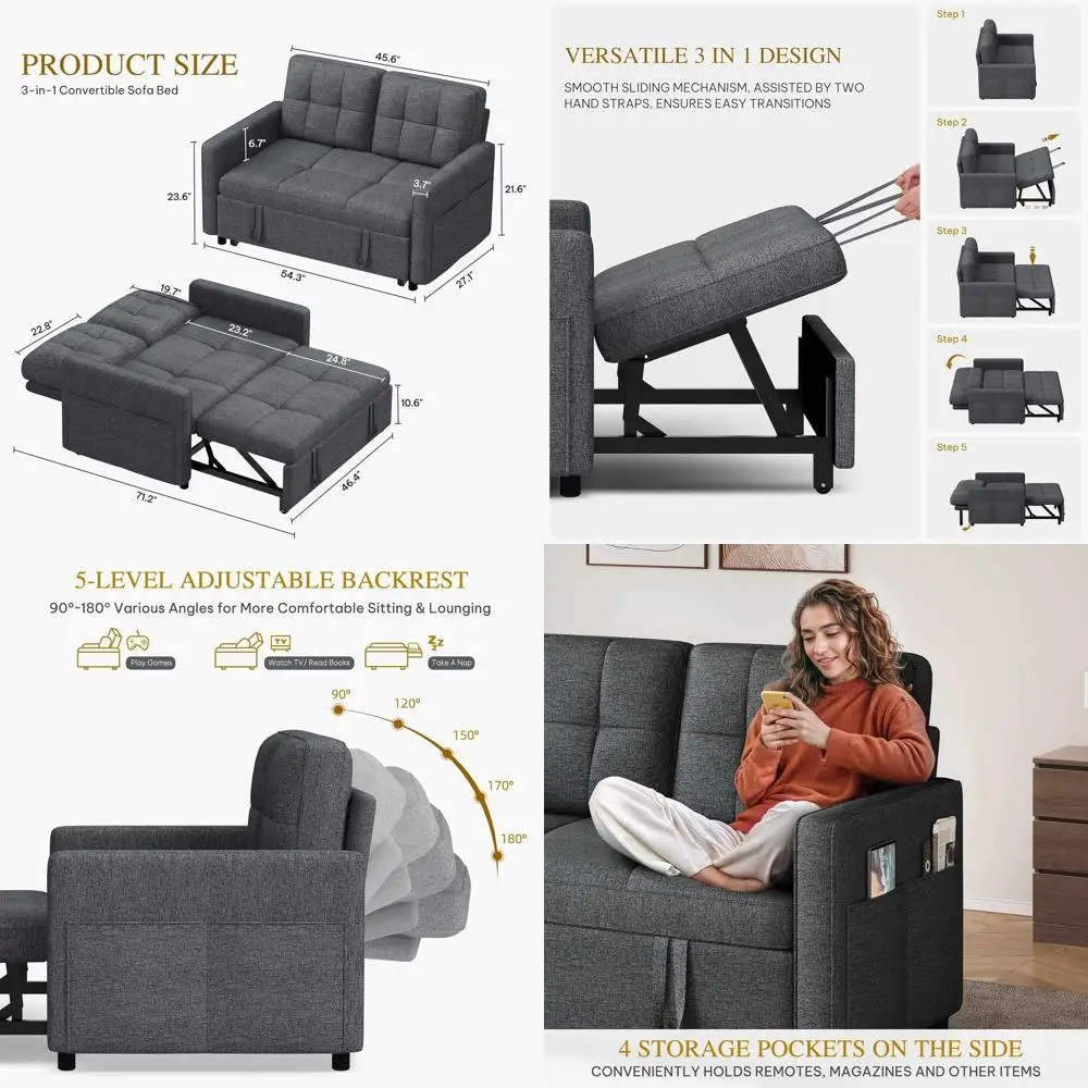 55 Grey 3-in-1 Convertible Sofa Bed with Pull-Out, Adjustable Backrest and Side Pockets, Ideal for Living Room