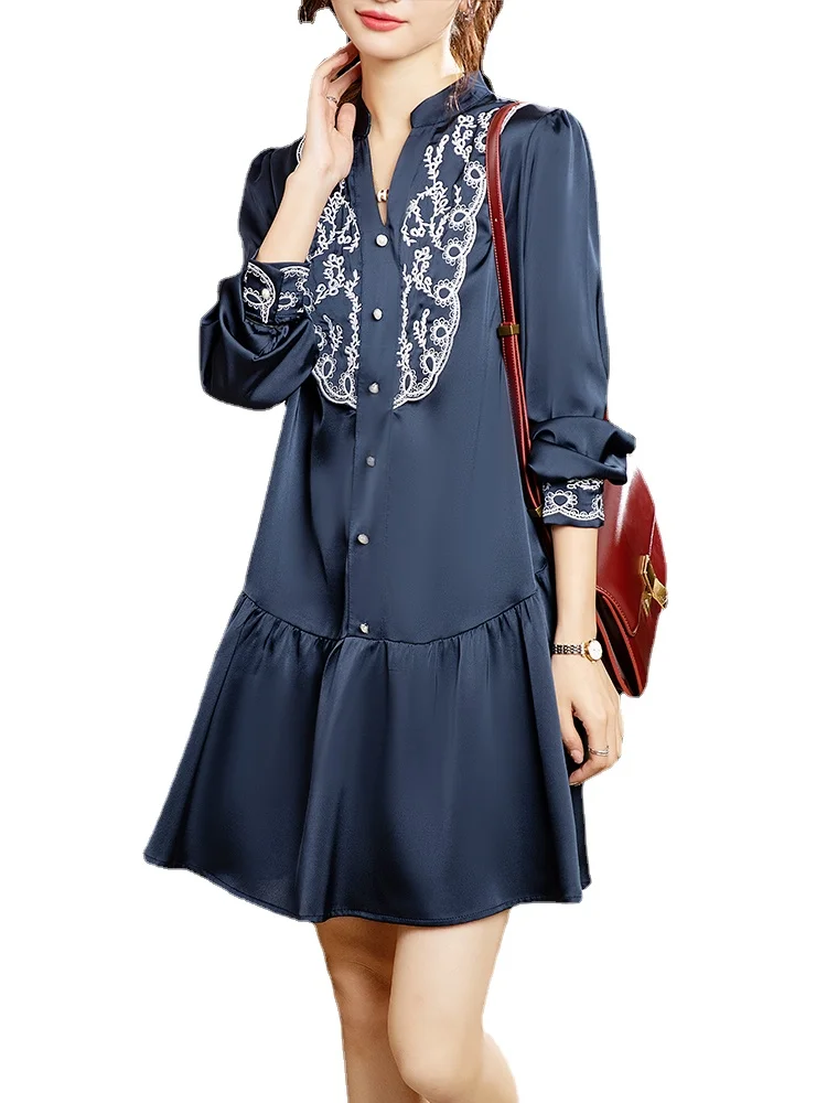 

Autumn V-neck Straight Dresses Women Embroidery Satin Dress Woman Full Sleeve Loose Satin Dresses