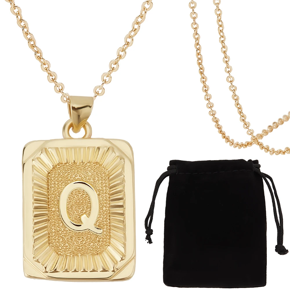 1 Box 1Pc Monogram Name Necklace 18K Gold Plated Brass Initial Q Necklace with Rectangle Velvet Pouches for Women