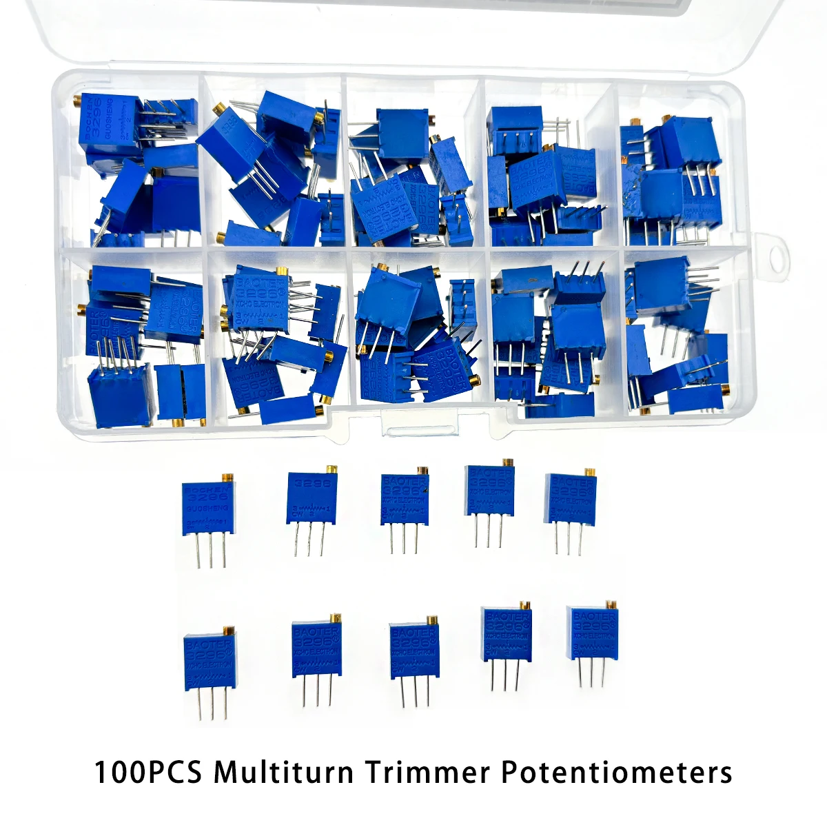 100Pcs 3296W Multiturn Trimmer Potentiometer 100R 200R 500R 1K 2K 5K 10K 20K 100K 500K Ohm Variable Resistor Box Kit
