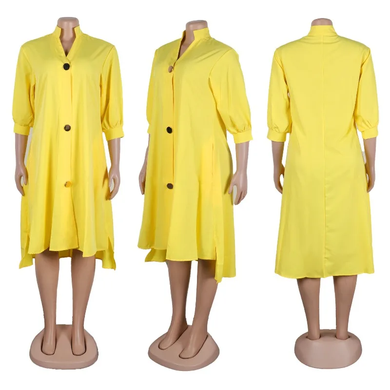 Sólido casual solto camisa vestido com manga feminina primavera verão botão reto único breasted irregular midi vestidos