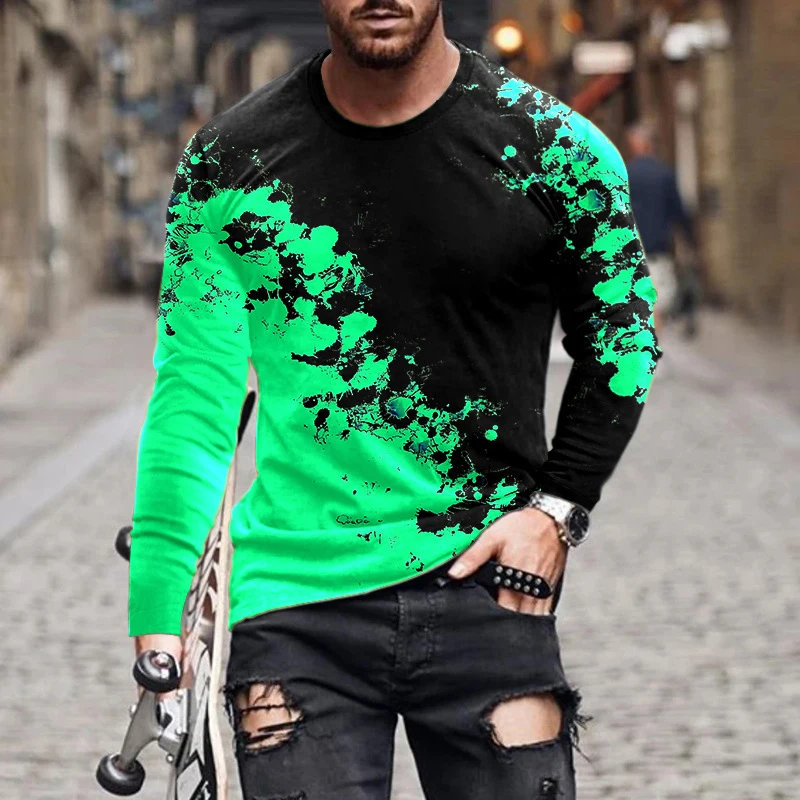 2024 New Men's Spring and Autumn Long Sleeved 3D Digital Printed Trendy Casual Round Neck Men's T-shirt