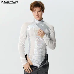 Incerun-malha patchwork bodysuit masculino, gola alta, manga comprida, macacão masculino transparente, streetwear, moda fitness, 2022