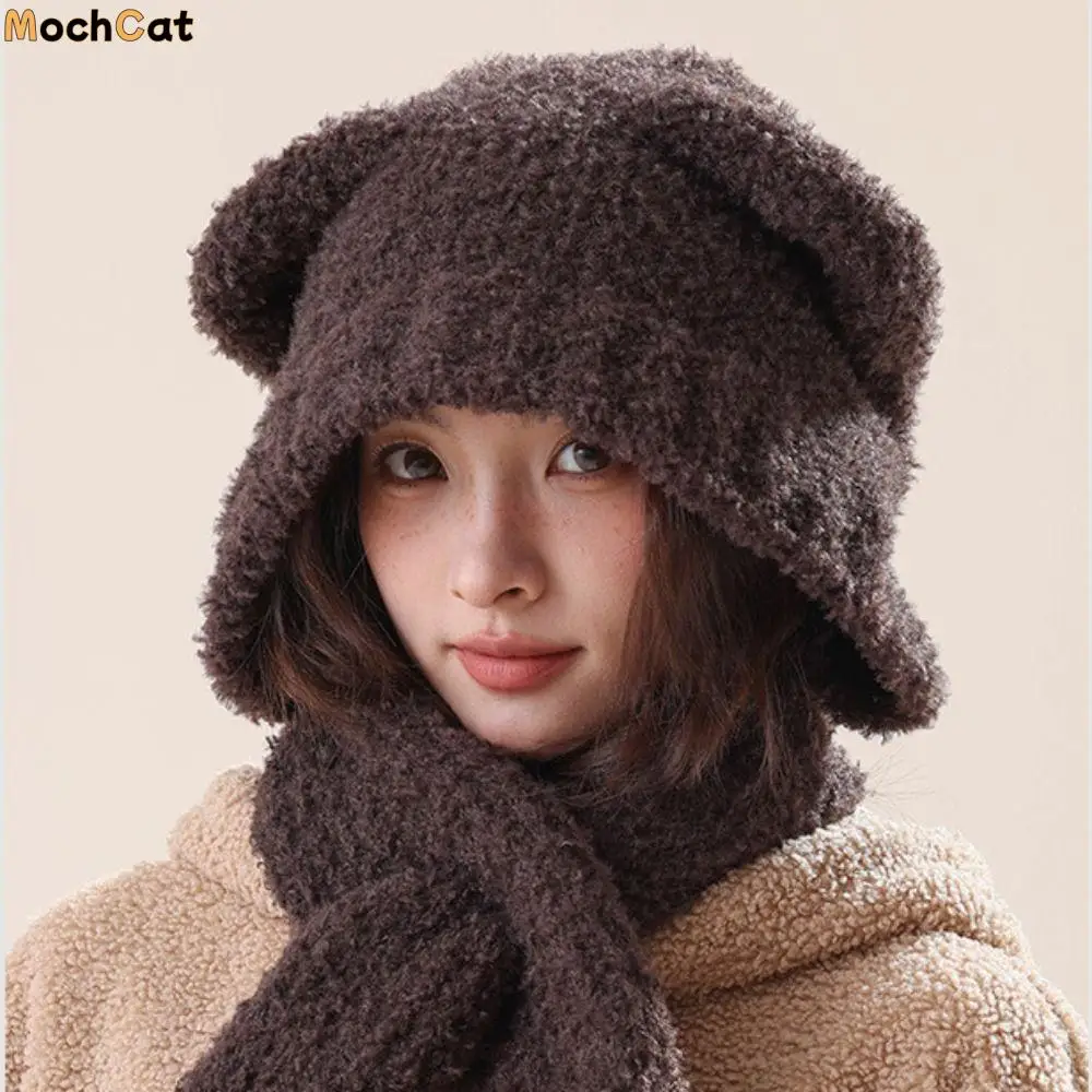 Korean Plush Bear Ear Hat Scarf Integrated Winter Cute Fashion Cartoon Soft Thick Windproof Warm Earmuff Cap