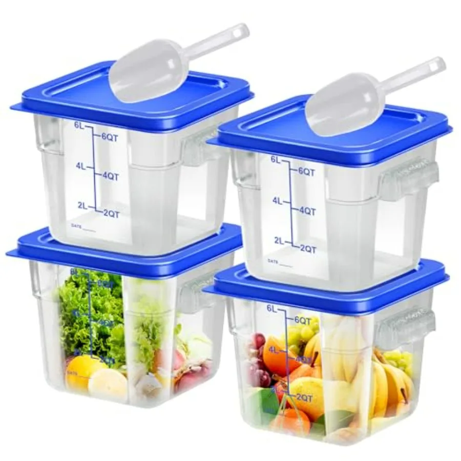 

4 шт. квадратных прозрачных контейнеров для хранения продуктов объемом 6 кварт с крышкой и ручкой для дома, кухни, столовой, синие, с мерной шкалой
