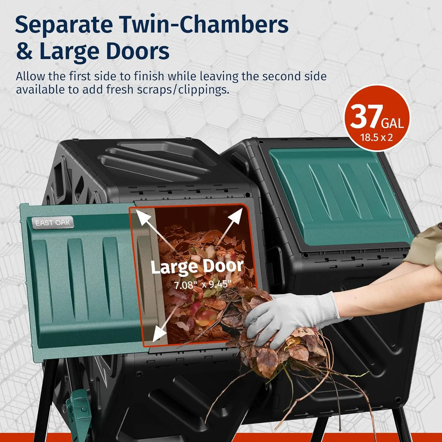 بهلوان سماد مزدوج الغرفة، سلة دوارة سعة 37 جالونًا مع نظام تهوية للحديقة والمطبخ