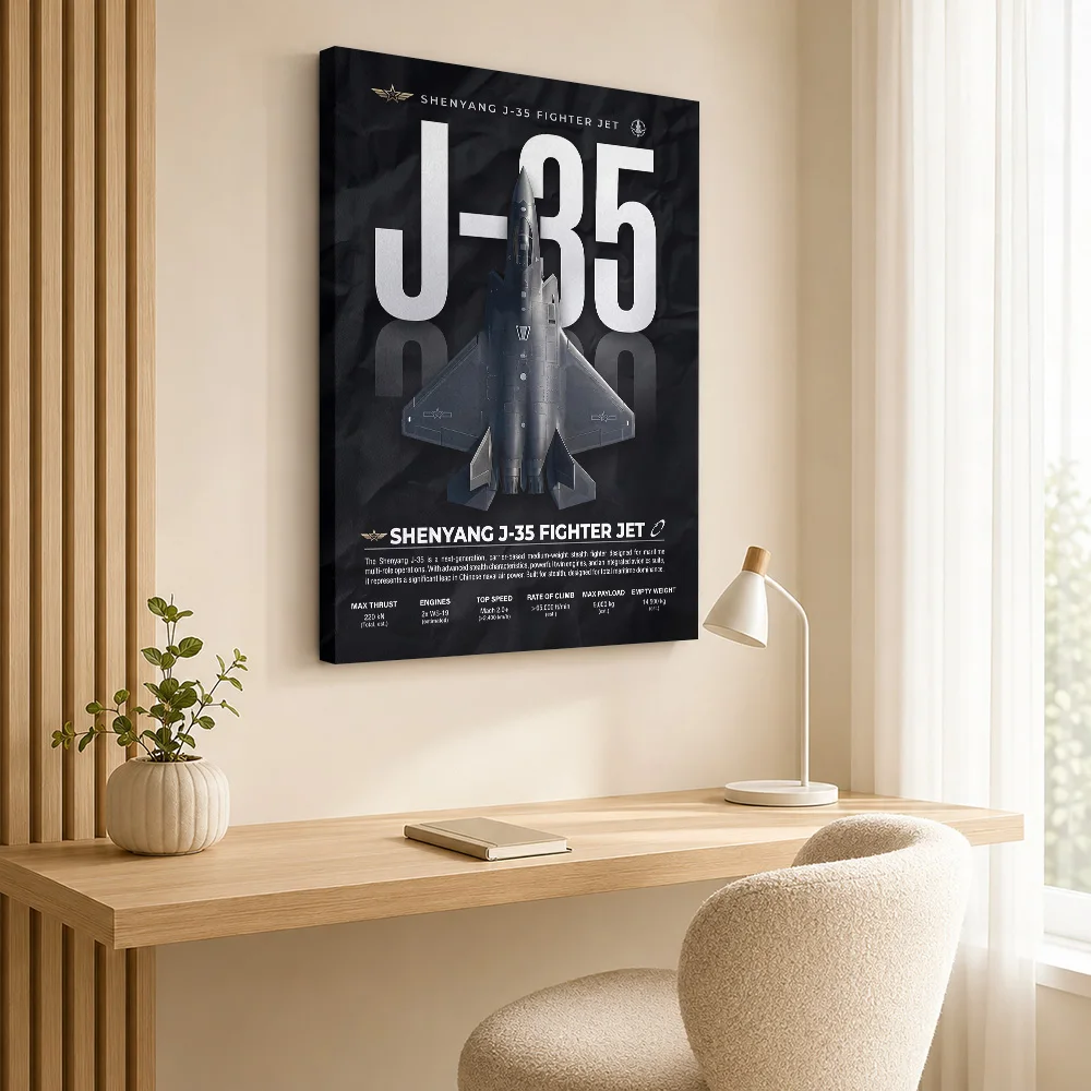 Shenyang J-35 Fighter Jet Infographic Framed Canvas Print Poster Personalized Photo Industrial Study Wall Paintings Decoration