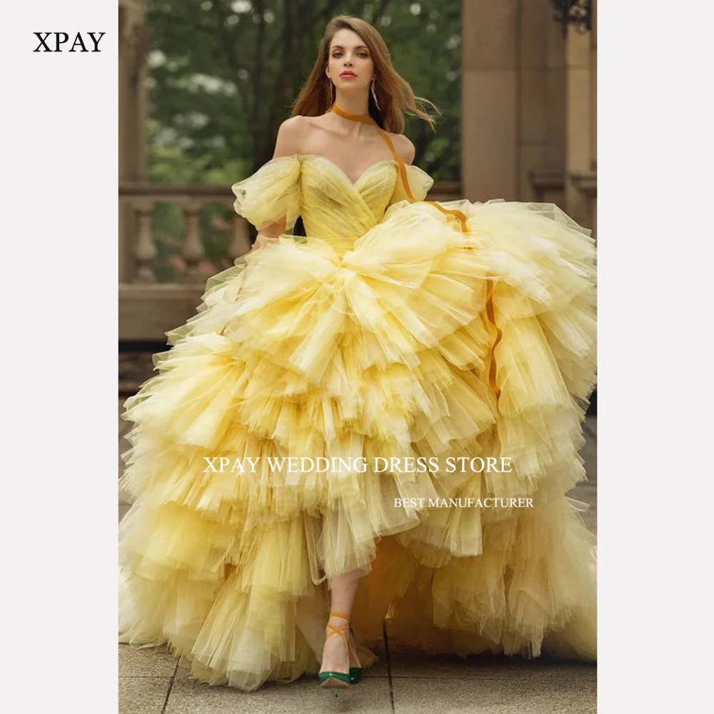 

XPAY Gorgeous Wedding Shooting Dresses Pleat Tiered Tulle V-Neck Off the Shoulder Yellow Bridal Gown Sweep Train Custom Made