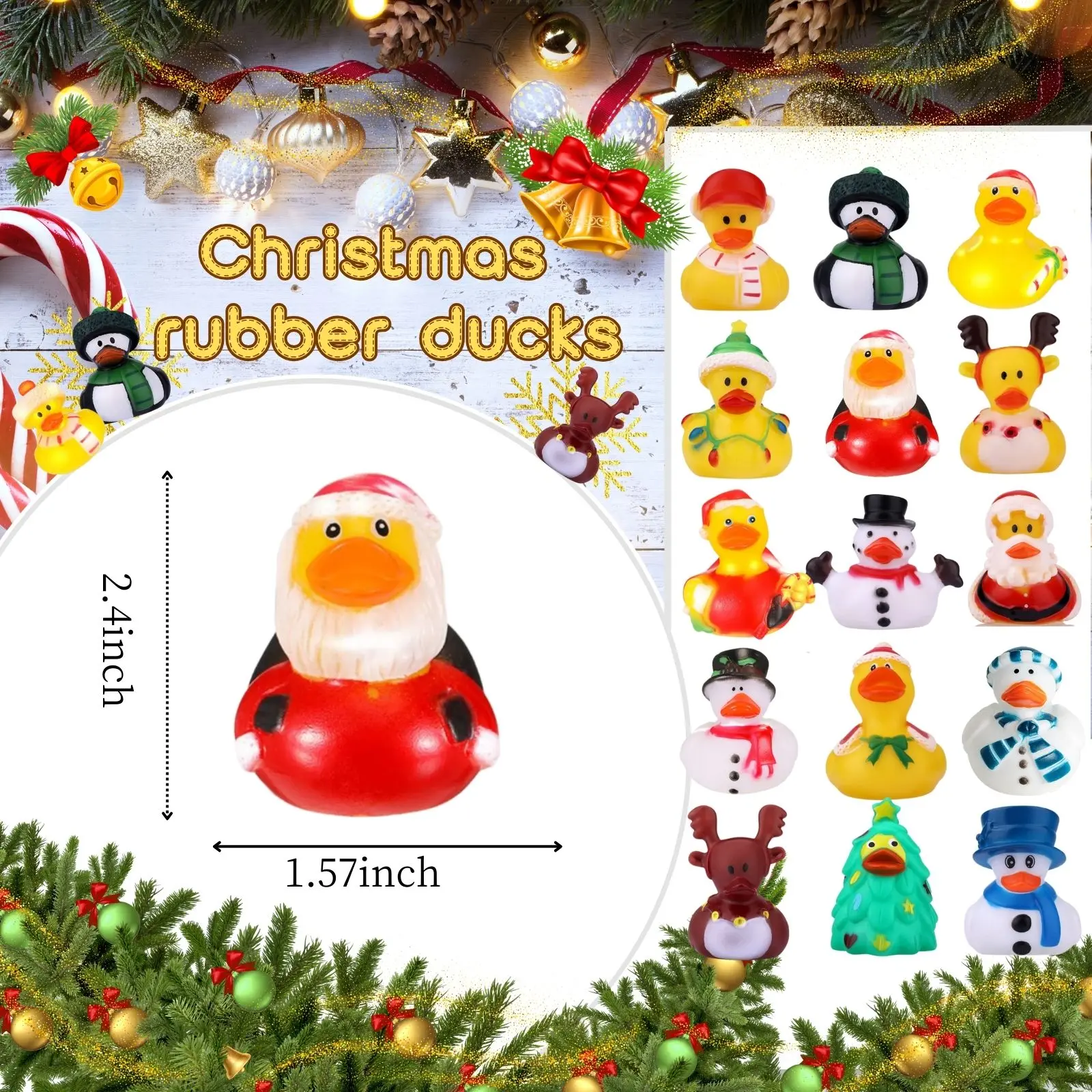 52-pak świątecznych gumowych kaczek luzem dla dzieci Zabawne gumowe gumowe kaczki świąteczne Jeep Ducks for Ducking Floater Duck Christmas