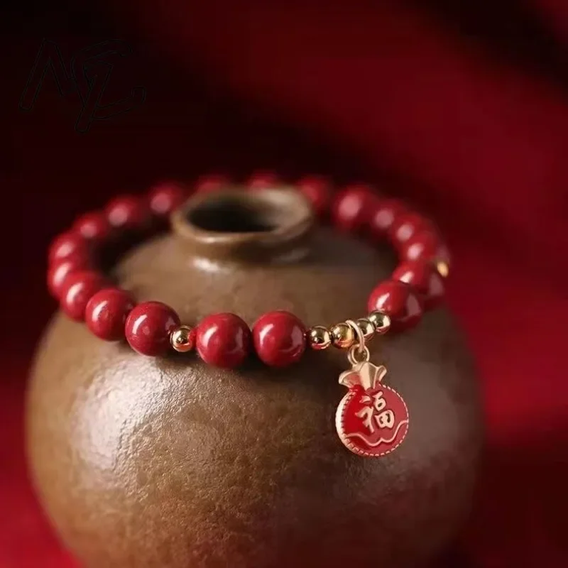 Customized Natural Red Cinnabar 6-8mm Beads Lucky Bag Bracelet Jade Round Hand Weaving Jewellery Fashion Man Woman Luck Amulet