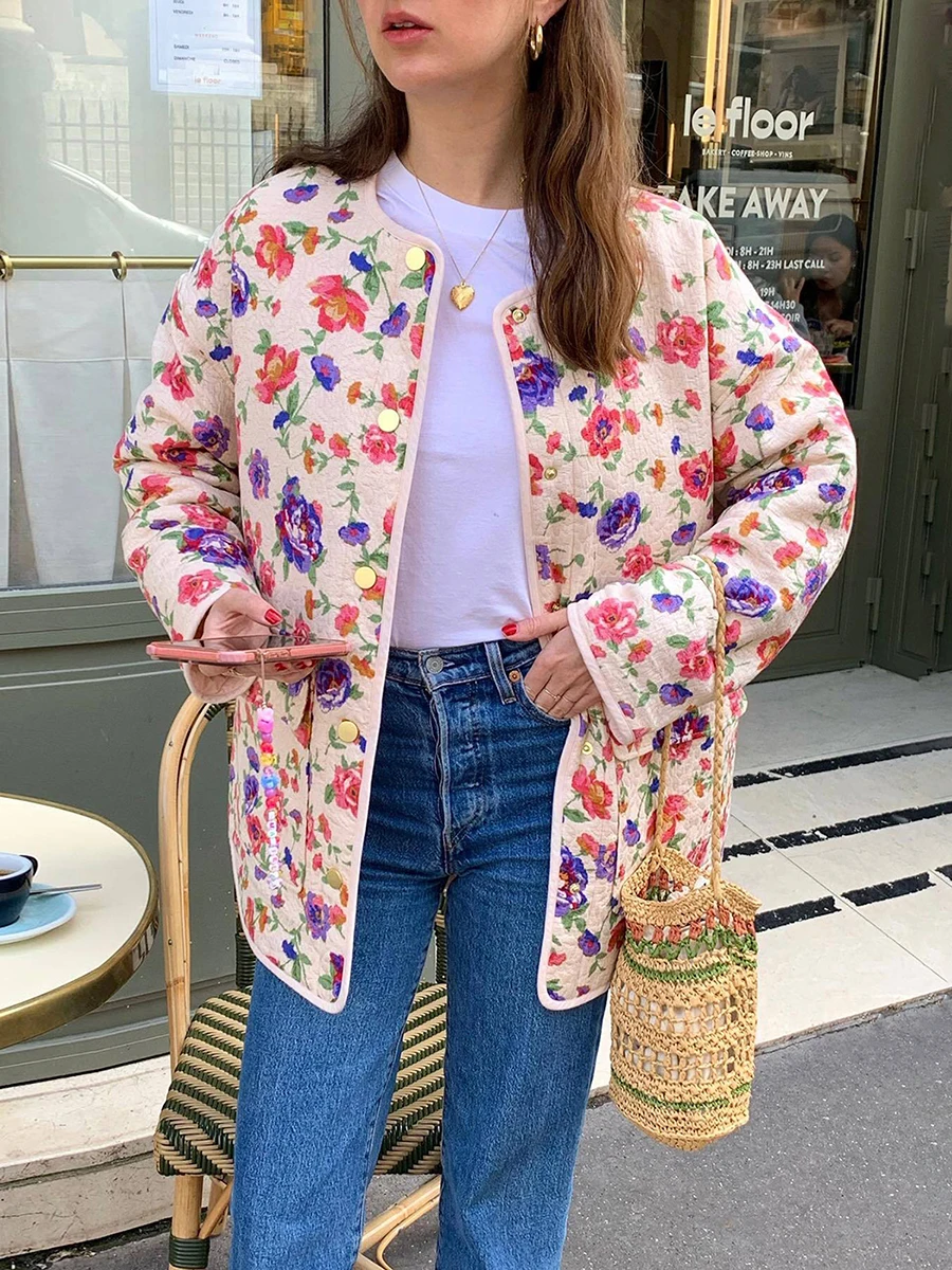 

Floral Prints Cotton Jackets Fall Winter Warm Padded Button Up V-neck Long Sleeve Coat Vintage Retro Female Outerwear Streetwear