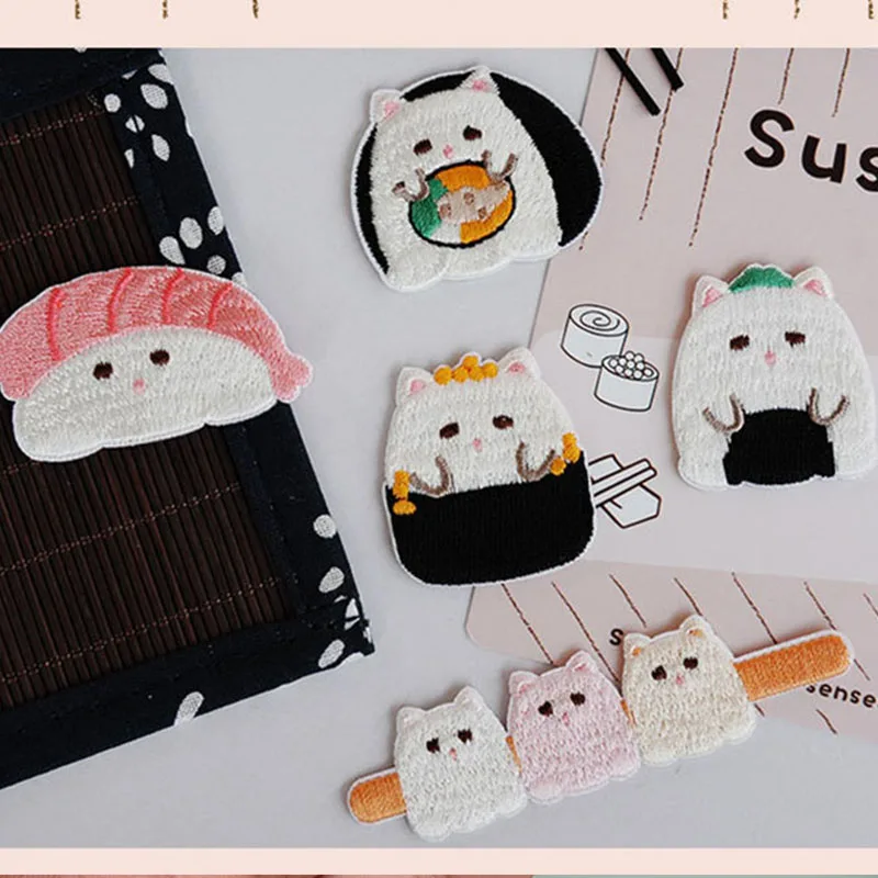 Parche bordado autoadhesivo para Sushi y gatito, apliques DIY, fundas decorativas para teléfono, papelería, libros de mano, accesorios hechos a mano