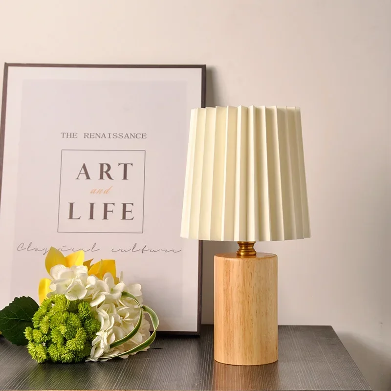 Claeted Medieval Table Lamp Nordic Korean Style Bedroom Bedside Night Light Net Pleated Decorative Solid Wood Atmosphere