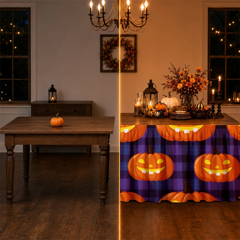 Table skirt / tableskirt, pumpkin lantern, check pattern, Halloween, atmosphere, warm color, autumnzyc