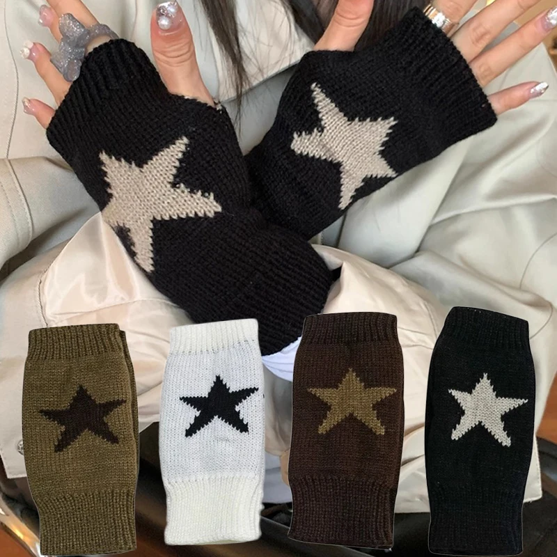 Y2K Star Knitted Woolen Gloves Unisex Fashion Men Women Pentagram Half Finger Soft Mitten Five Pointed Star Fingerless Gloves