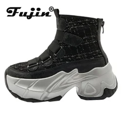 Fujin 7cm Synthetic Microfiber Woman Hook ZIP Motorcycle Spring Chunky Sneakers Ankle Boots Round Toe Breathable Autumn Shoes