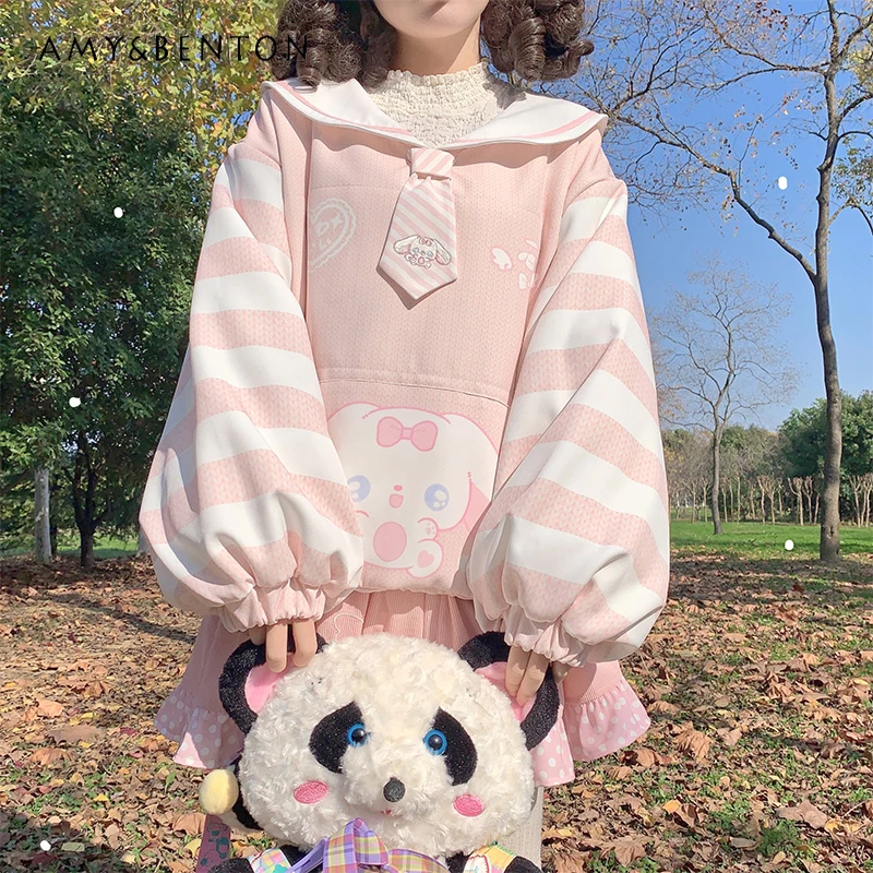 

Осень-зима бархатные кавайные толстовки с мультяшным принтом женские милые девушки темно-синий воротник с рукавами-фонариками свободные утолщенные кавайные толстовки