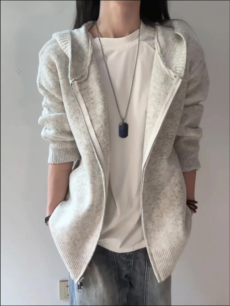 

Легкий дизайн с двойной молнией, вязаная толстовка с капюшоном, мужской осенний американский винтажный свитер с ленивым рукавом, мягкий и удобный Loo...