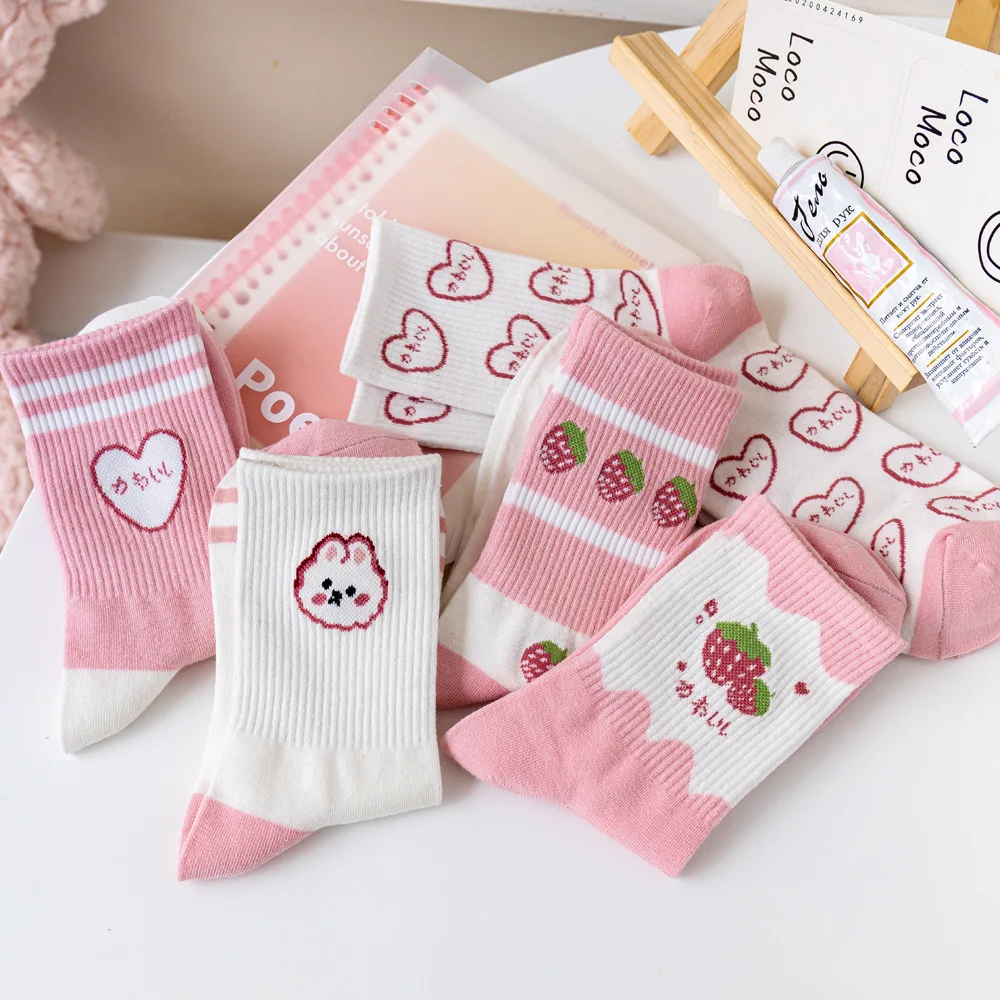 New Socks Women\'s Middle Tube Socks Cute Pink Cotton Socks Trend Strawberry Sweet Love Girl Socks