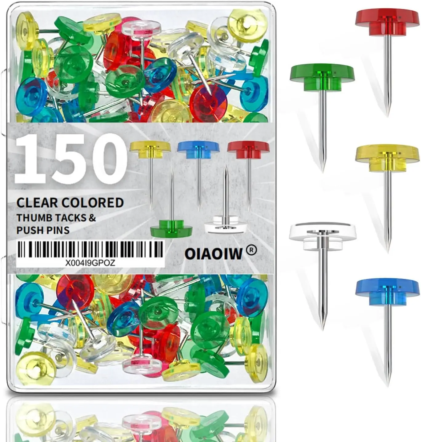

150 Clear Colored Push Pins for Bulletin Board, Thumb Tacks for Cork Board, Flat Pushpins for Display