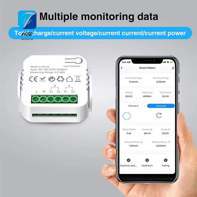 

A55F-Tuya Wifi 80A Smart Meter Digital Energy Meter Current Transformer Solar PV Power Production Consumption Monitor
