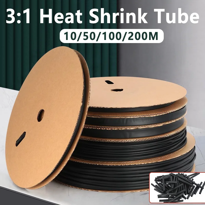 10/50/100M 3:1 Black Diameter Heat Shrink Heatshrink Tubing Tube Sleeving Wrap Wire Sell DIY Connector Repair