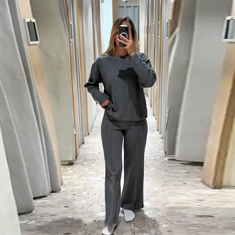 

Women's Casual Sweater Set Round Neck Long Sleeved Sweater Wide Leg Pants Pure Color Commuting 2025 New Women's Casual Clothes