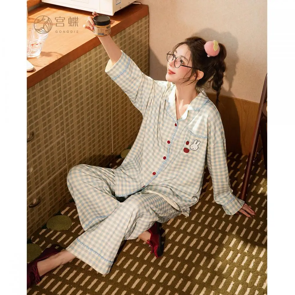 

Легкий пижамный комплект Miffy в клетку с рисунком кролика и вишни, красные пуговицы, мягкая одежда для сна для женщин, милая домашняя одежда с мультяшным принтом на каждый день