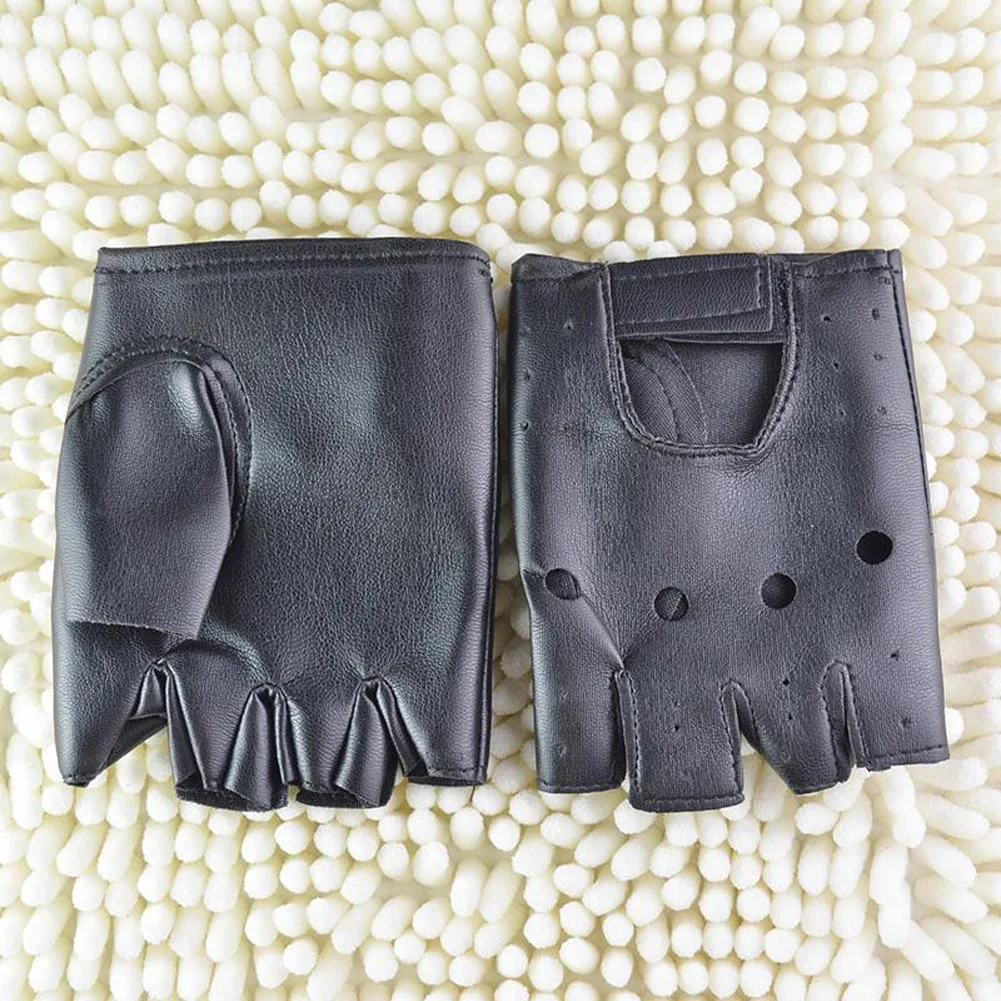 Men Women PU Gloves Outdoor Black Soft Leather Driving Gloves Hollow Out Motorcycle Biker Fingerless Gloves Half Finger Gloves