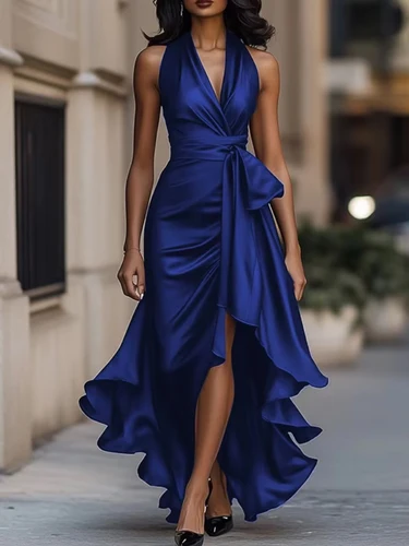 Vestido elegante de satén con cuello en V y volantes para mujer, dobladillo Irregular con cordones, Sexy, sin mangas, para fiesta, noche, boda, invitado