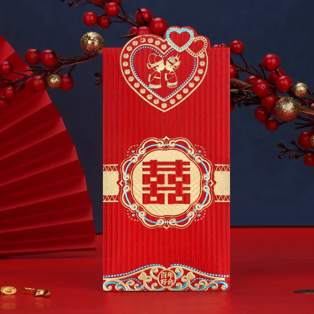 6pcs Hot Stamping Chinese New Year Red Envelope Solid Blessings Printing Red Packet Paper Thickened Lucky Money Bag 2025