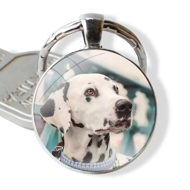 dalmatian puppy Dog Keychain Handmade Glass Cabochon Key Ring Holder Pendant Key Chains